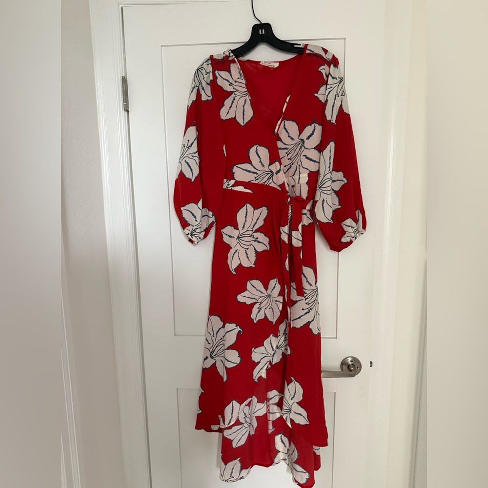 Entro bright red and white floral long puff sleeve high low wrap dress
